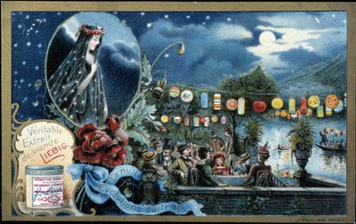Nacht, nachtfeest verlicht met lantaarns, bij een meer - Liebig chromolithografie door Unknown artist