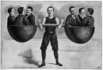 Nino jonge Italiaanse 24 jaar oud in het wintercircus draagt zes mannen in haar arm. Van een foto uit 1898 door Unknown artist