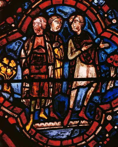 Noachs zoon, vrouw en schoondochter kijken naar de bouw van de ark (gebrandschilderd glas) door Unknown Artist