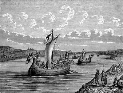 Normandische schepen varen een rivier op door Unknown artist