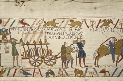 Normandiërs trekken een kar vol wijn en wapens, Tapijt van Bayeux (wol borduurwerk op linnen) door Unknown artist