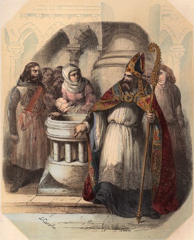 Notger (930-1008) (Notker van Luik), bisschop van Luik, tijdens de doop van Otto III (980-1002), Koning van Duitsland. Gravure uit 1868 in 