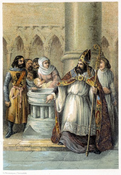 Notger (930 - 1008), bisschop van Luik, tijdens de doop van Otto III (980-1002), koning van Duitsland. Chromolithografie uit de 19e eeuw door Unknown artist