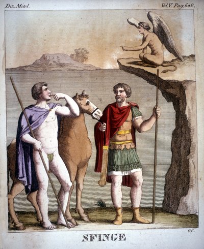 Oedipus en de Sfinx - in Dizionario mitologico, gravure uit de 19e eeuw, Bibl. di Brera, Milaan. door Unknown artist