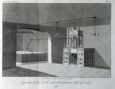 Oliegasapparaat in de Apothicaries Hall in Londen. Plaat uit 