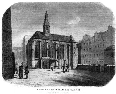 Oude Chapelle des Carmes rue Jean de Beauvais in Parijs in het 5e arrondissement. Gravure uit 1858. door Unknown artist