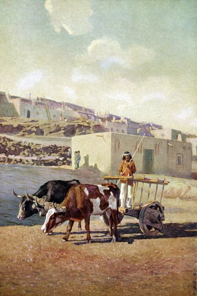 Oude caretta (kar) getrokken door twee ossen, bestuurd door een Indiaan van het Pueblo-volk in Laguna, New Mexico door Unknown artist