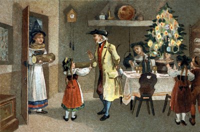 Oude gewoonte gevierd in de Elzas-regio: de kerststruik. Chromolithografie uit de late 19e eeuw. door Unknown artist