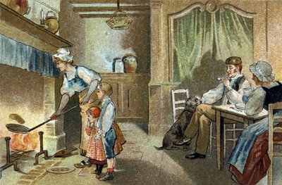 Oude gewoonte gevierd in de Berry-regio: kaarsenpannenkoeken. Chromolithografie van het einde van de 19e eeuw. door Unknown artist