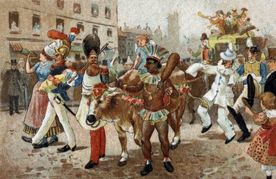 Oude gewoonte gevierd in de regio Île de France: De processie van vet rundvlees in 1830. Chromolithografie uit de late 19e eeuw. door Unknown artist