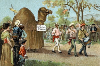 Oude gewoonte gevierd in de Languedoc-regio: De kameelwandeling op de dag van Sint Aphrodite. Chromolithografie uit de late 19e eeuw. door Unknown artist