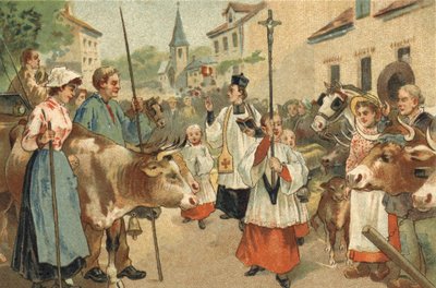 Oude gewoonte gevierd in de Nivernais-regio: de zegening van de kuddes. Chromolithografie uit de late 19e eeuw. door Unknown artist