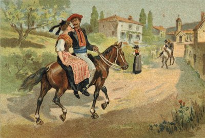 Oude gewoonte gevierd in de Provence-regio: de bijeenkomst van de Camarguais. Chromolithografie uit de late 19e eeuw. door Unknown artist