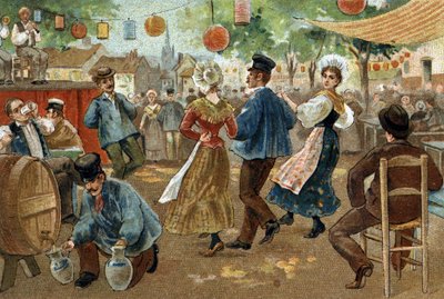 Oude gewoonte gevierd in de regio Vlaanderen: Vlaamse Kermis. Chromolithografie van het einde van de 19e eeuw. door Unknown artist
