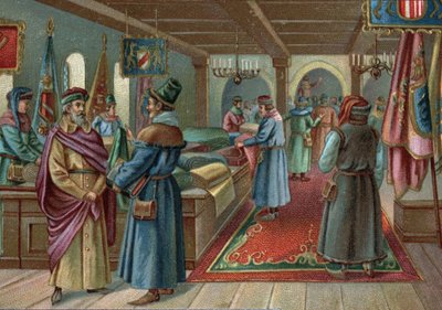 Oude winkelcentra: linnenhal in Brugge, België in de 15e eeuw. Chromolithografie van het einde van de 19e eeuw door Unknown artist