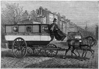 Omnibus met drie wielen of driewieler in de straten van Parijs. Gravure in 