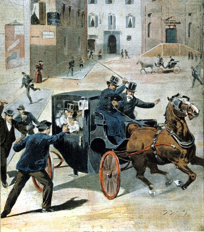 Op 16 juni 1894, in Rome, schoot de anarchist Paolo Lega met een revolver op Francesco Crispi, president van de Italiaanse Raad. Illustratie uit die tijd door Unknown artist