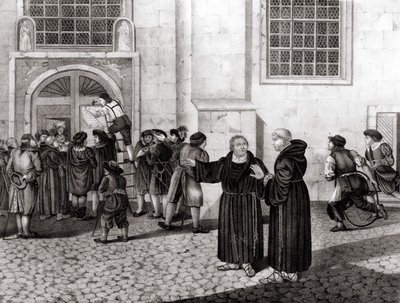 Op 31/10/1517 spijkerde Luther zijn 95 stellingen aan de poorten van het kasteel van Wittenberg, waarin hij de verkoop van aflaten aan de kaak stelde en die het begin van de Reformatie markeerden - gravure door Unknown artist