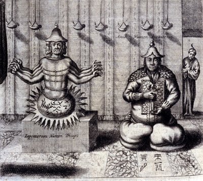 Links, hindoeïstische godheid met acht armen, rechts Amida, Japanse Boeddha. 
