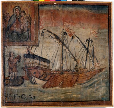 Links bedankt een voormalige galei die nog steeds de kettingen draagt Madonna dell