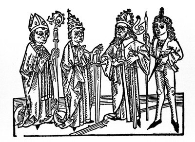 Links: de bisschop, de paus, de keizer en de edele ruiter. De belangrijkste vertegenwoordigers van de sociale klassen van de feodale tijd. Gravure uit 