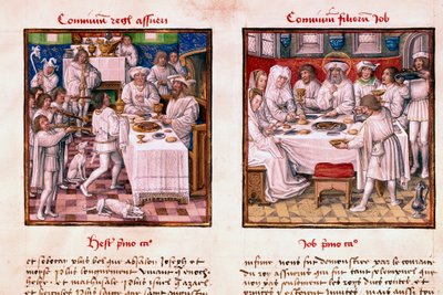 Links het feest van Assuerus 1e (Xerxes 1e). Rechts het feest van de kinderen van Job. Miniatuur uit het manuscript 