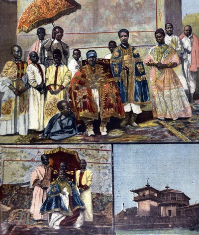 Bovenaan is de keizerin Taitou van Ethiopië, vrouw van Menelik II en zijn gevolg. Linksonder is zijn dochter, de toekomstige koningin Zaouditou (1876 - 1930). Rechts het keizerlijk paleis Ghebi in Addis Abeba. Ill. voor de late 19e-eeuwse pers door Unknown artist