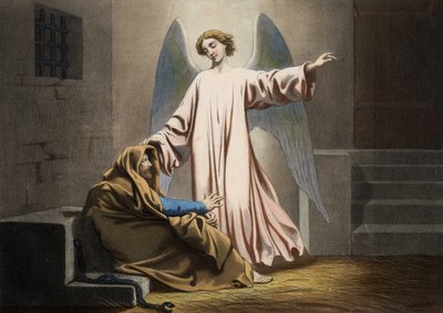 Twee keer gestopt, wordt Sint-Pieter bevrijd door een engel. Anonieme gravure uit het midden van de 19e eeuw. door Unknown artist
