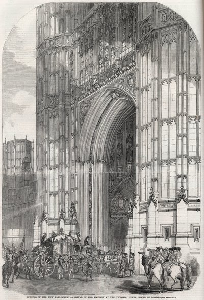 Opening van het nieuwe parlement - aankomst van hare majesteit bij de Victoria-toren, House of Lords 1852 door Unknown artist