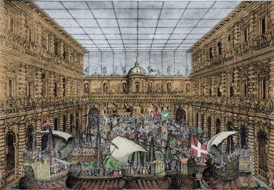 Orazio Scarabelli, Zeeslagshow (naumachia) in de binnenplaats van het Palazzo Pitti in Florence (Koninklijk Paleis van de Medici-familie, Groothertogen van Toscane) Naumachia in de binnenplaats van het Palazzo Pitti, Florence door Unknown artist