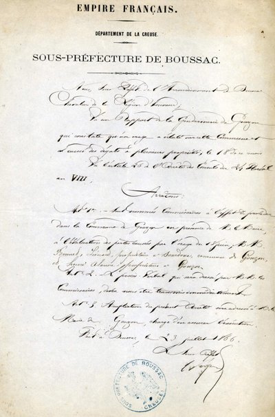 Bevel van de onderprefectuur van de Creuse (arrondissement Boussac) van 23 juli door Unknown artist