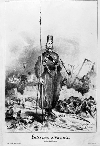 Orde heerst in Warschau. Cartoon van Grandville en Forest over de woorden van maarschalk Sebastiani de la Porta (1772-1851) (minister en ambassadeur van Louis Philippe). door Unknown artist
