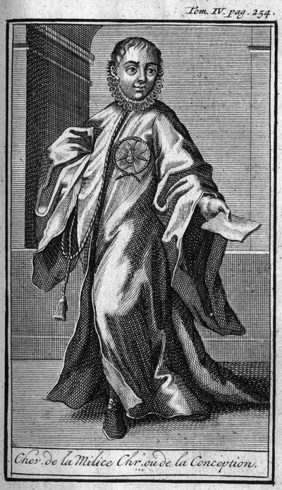 Ridderorden. Ridder van de christelijke militie of conceptie in Duitsland in de 17e eeuw. In History of military orders or knights, of the secure and routine militias of both sexes, which have been set up so far. Editie genomen van Abbe Giustiniani door Unknown artist