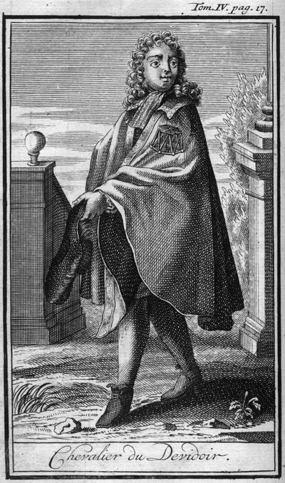 Ridderorden. Ridder van Devidoir. In "Geschiedenis van militaire orden of ridders, van de veilige en routinematige milities van beide geslachten, die tot nu toe zijn opgericht. Editie genomen van Abbe Giustiniani, R.P.Bonani, M. Herman, Schoonebeek, R.P.He door Unknown artist