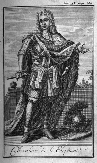 Ridderorden. Ridder van de olifant in Denemarken in de 15e eeuw. In "Geschiedenis van militaire orden of ridders, van de veilige en routinematige milities van beide geslachten, die tot nu toe zijn opgericht. Editie genomen van Abbe Giustiniani, R.P.Bonani door Unknown artist