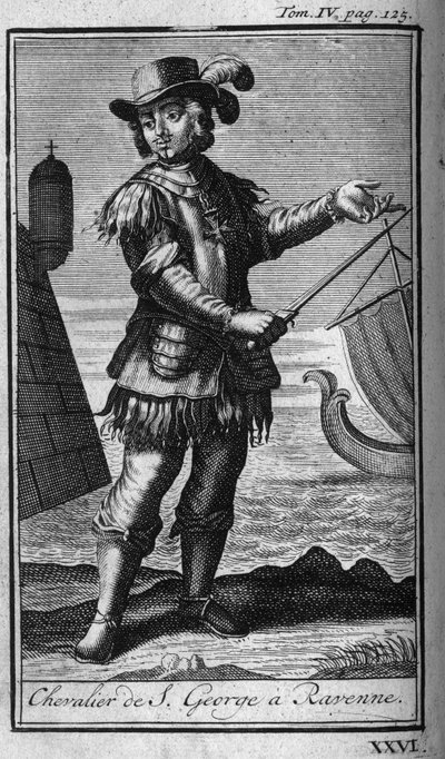Ridderorden. Ridder van St. George in Ravenna (Ravenna) in Italië in de 16e eeuw. In "Geschiedenis van militaire orden of ridders, van de veilige en routinematige milities van beide geslachten, die tot nu toe zijn opgericht. Editie genomen van Abbe Giustin door Unknown artist
