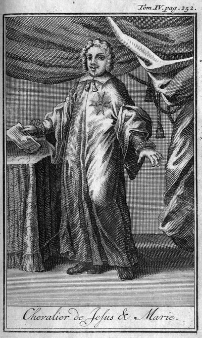 Ridderorden. Ridder van Jezus en Maria in Italië in de 17e eeuw. In History of military orders or knights, of the secure and routine militias of both sexes, which have been established up to now. Editie genomen van Abbe Giustiniani, R.P.Bonani door Unknown artist