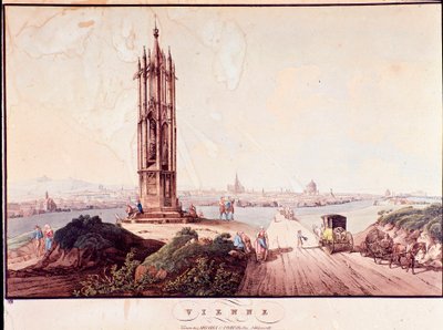 Overzicht van de stad Wenen met brug over de Donau. Oostenrijk Gravure uit 1800 Privécollectie door Unknown artist