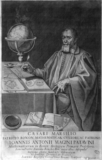 Giovanni Luciano Magini, wiskundige en astronoom, in zijn kantoor met astronomische apparaten. Gravure 1617 door Unknown artist