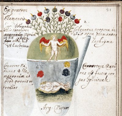 Pagina uit een alchemistisch notitieboek, een paar en een engel door Unknown artist