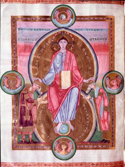 Pagina van de Bijbel van de Keizer: Christus omringd door de tetramorf, tussen keizer Hendrik III en zijn vrouw Agnes van Poitou (miniatuur) door Unknown artist