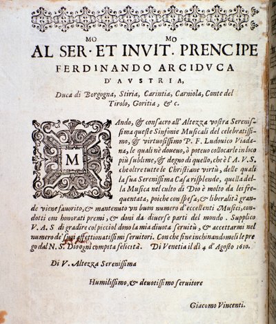Opdrachtpagina aan Ferdinand van Oostenrijk in muzikale partituur van Sinfonie musicali door Ludovico Viadana door Unknown artist