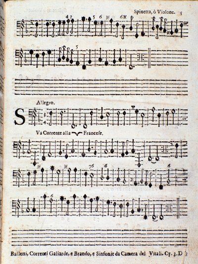 Pagina van de partituur van Balletti, correnti alla francese opus 3 door Giovanni Battista Vitali door Unknown artist