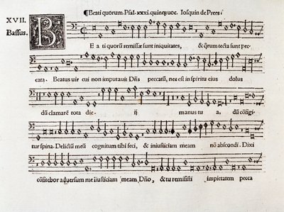 Pagina van muziekpartituur van Beati quorum psalm XIII door Willaert (1538) door Unknown artist