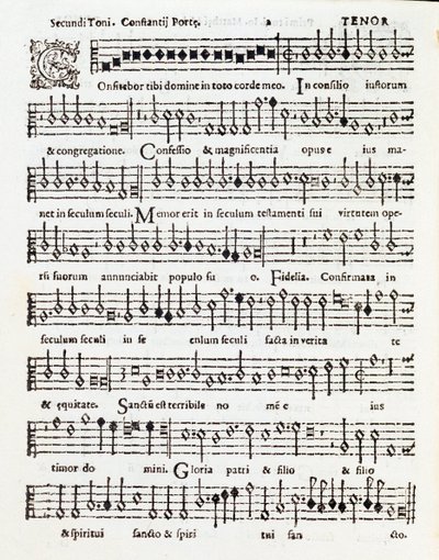 Pagina van muzikale partituur van Confitebor tibi domine psalm opgedragen aan Palestrina door Costanzo Porta door Unknown artist