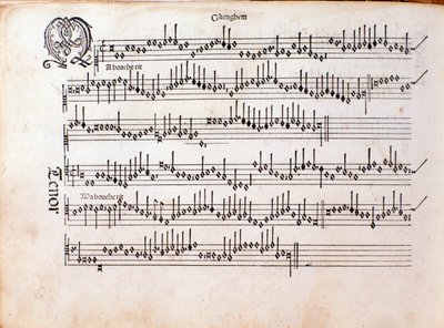 Pagina van bladmuziek van Harmonice Musices Odhecaton door Ottaviano Petrucci (1501) door Unknown artist