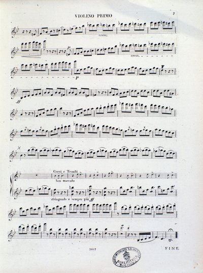 Pagina van muzikale partituur van eerste viool van ouverture nr. 11 door Kalliwoda door Unknown artist