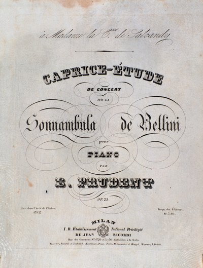 Pagina van de bladmuziek voor een Caprice-studie voor piano door Emile Prudent gebaseerd op La sonnambula door Vincenzo Bellini door Unknown artist