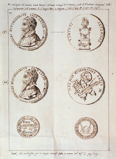 Pagina met portretten uit Il melone, discorso armonico (manuscript) door Unknown artist