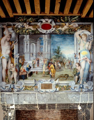 Geschilderde schoorsteenmantel van de wapenkamer met afbeelding van Salomo en de koningin van Sheba door Unknown artist